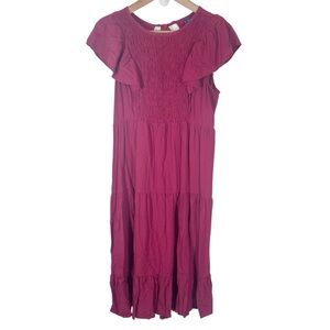 Old Navy Smocked Ruffle Sleeve Dress Size Medium Tiered Burgundy MIDI